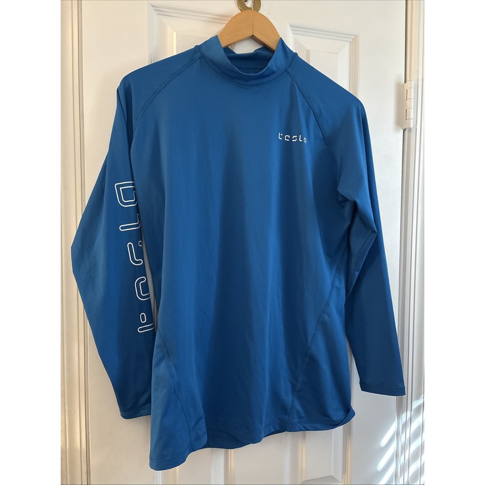 TESLA Logo Dri Fit Pullover Shirt Top Long Sleeve Mock Neck Blue Mens Size M